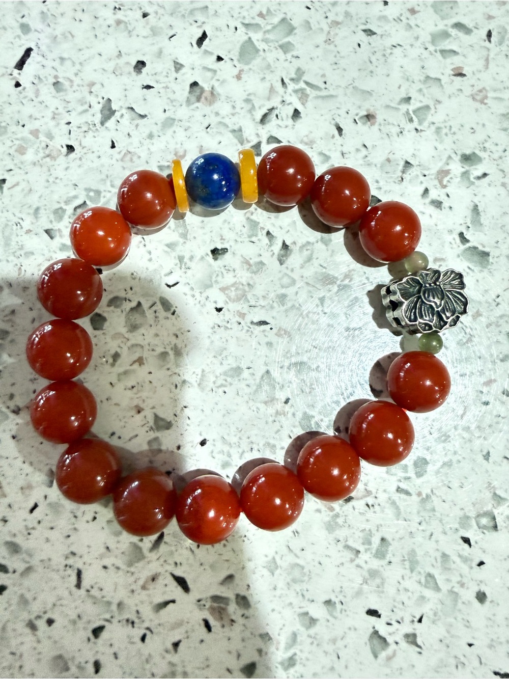 Red Agate Beaded Bracelet, Lapis Lazuli, Amber Spacers, Lotus Silver‑Tone Charm
